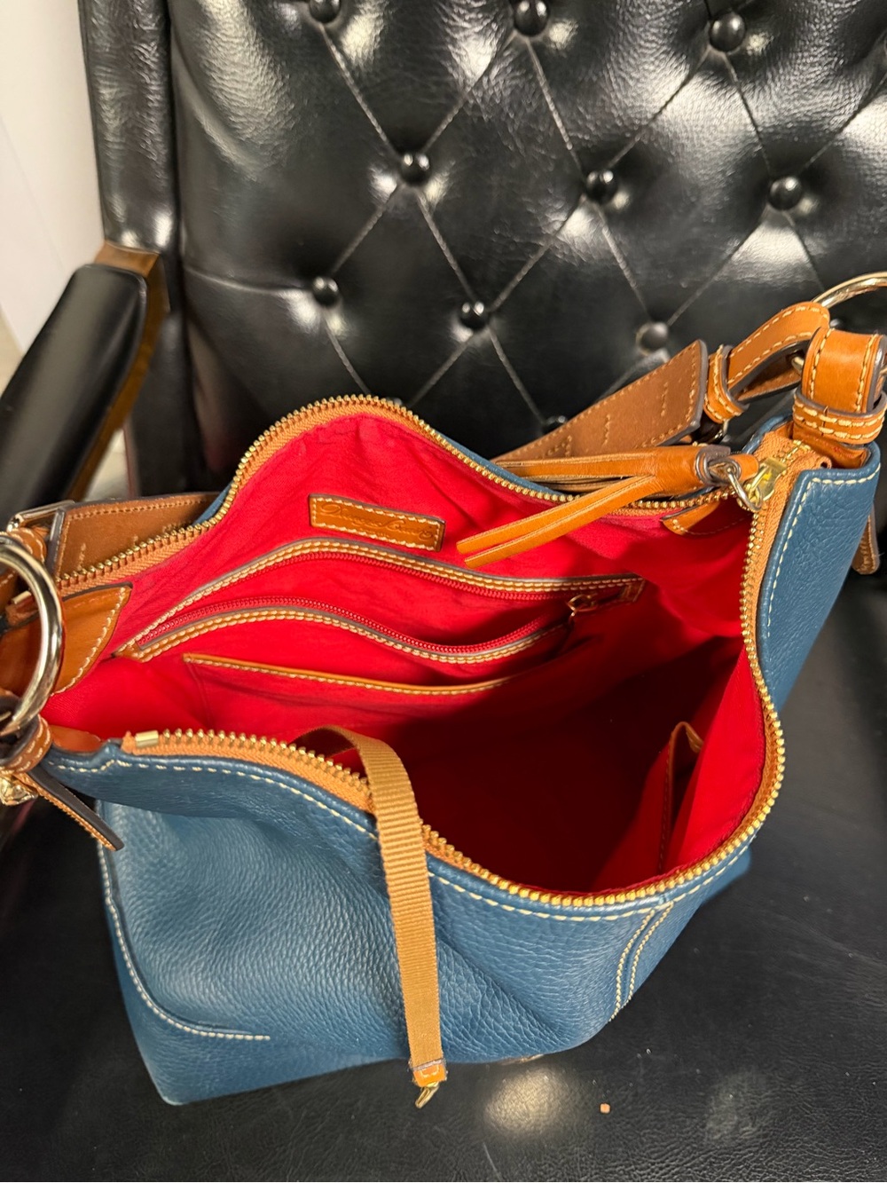 Dooney & Bourke Teal Leather Shoulder Hobo with Brown Trim - Picture 3 of 3